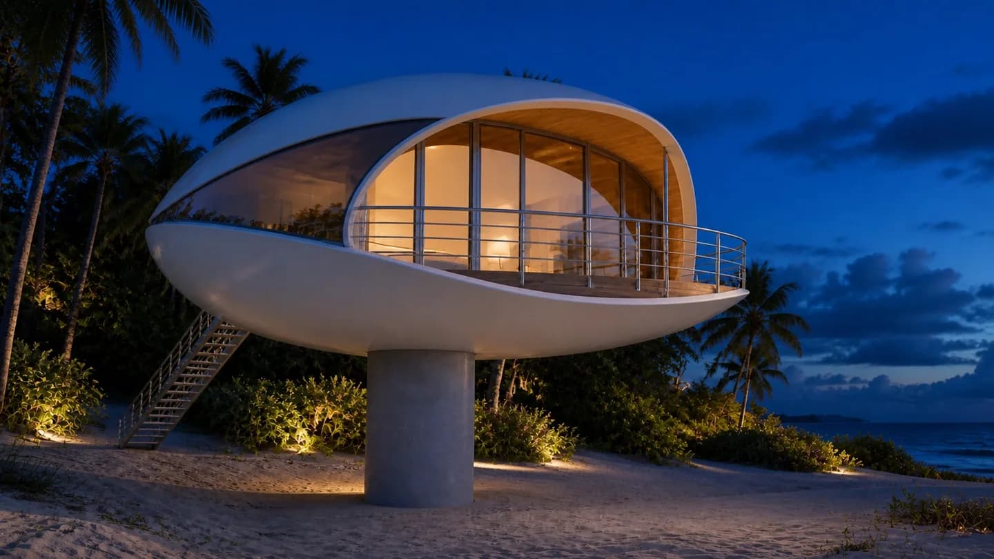 Concept render: an elevated SeaTop residence lit from within at dusk, on its pillar above the sand with the sea beyond