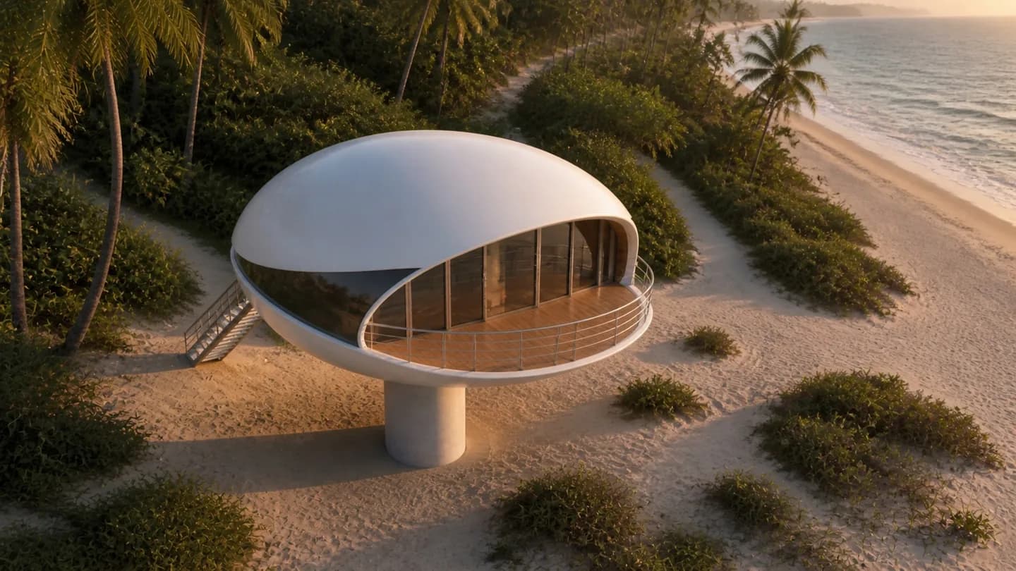 Concept render: an aerial view of a SeaTop residence sited on an exceptional coastal location