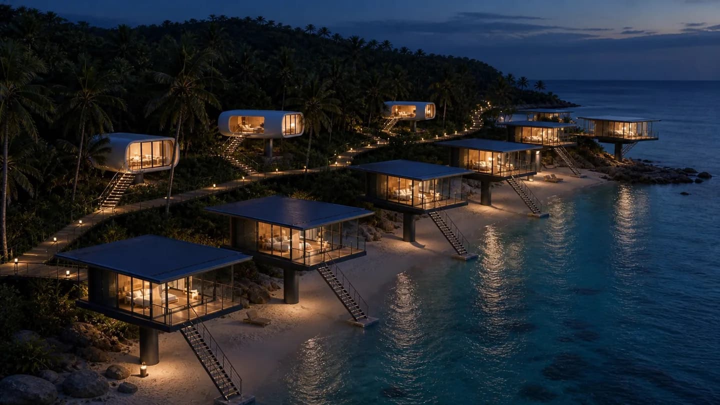 Concept render: the resort at blue hour, warm light spilling from the villas onto the water