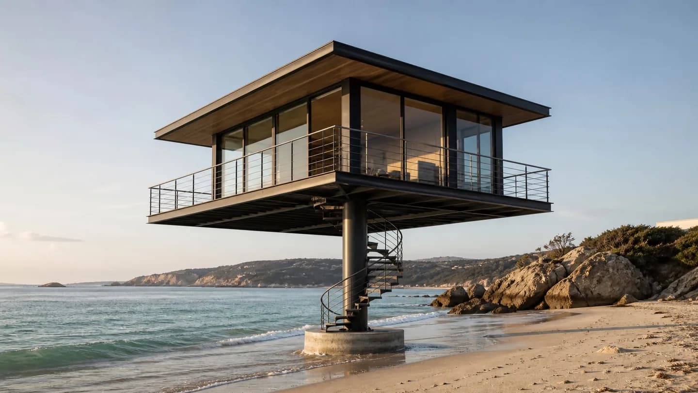 Concept render: a residence on one central steel pillar at the waterline, the tide running beneath it