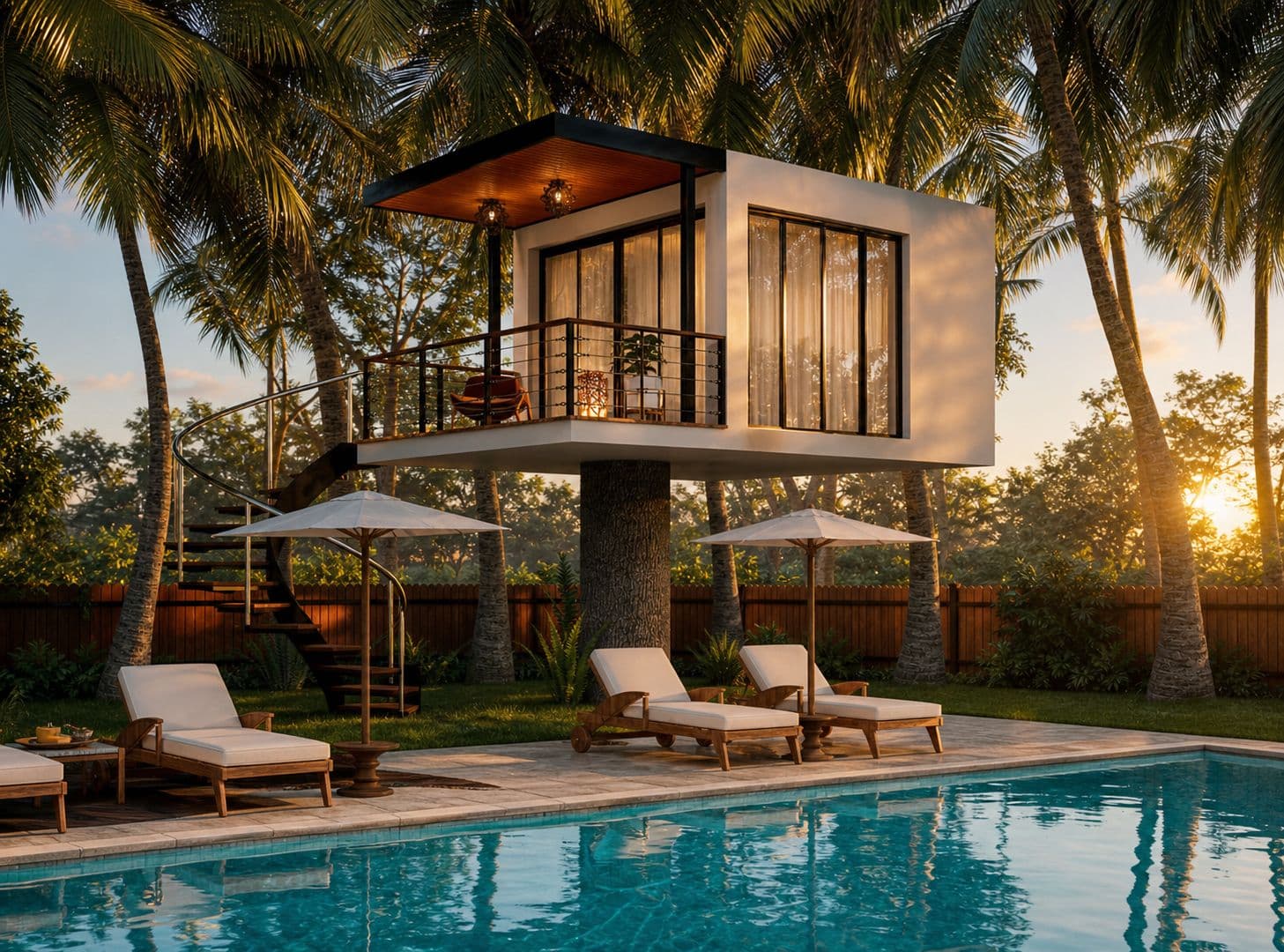 Concept rendering of an elevated SeaTop Pillar Home above a pool deck at sunset