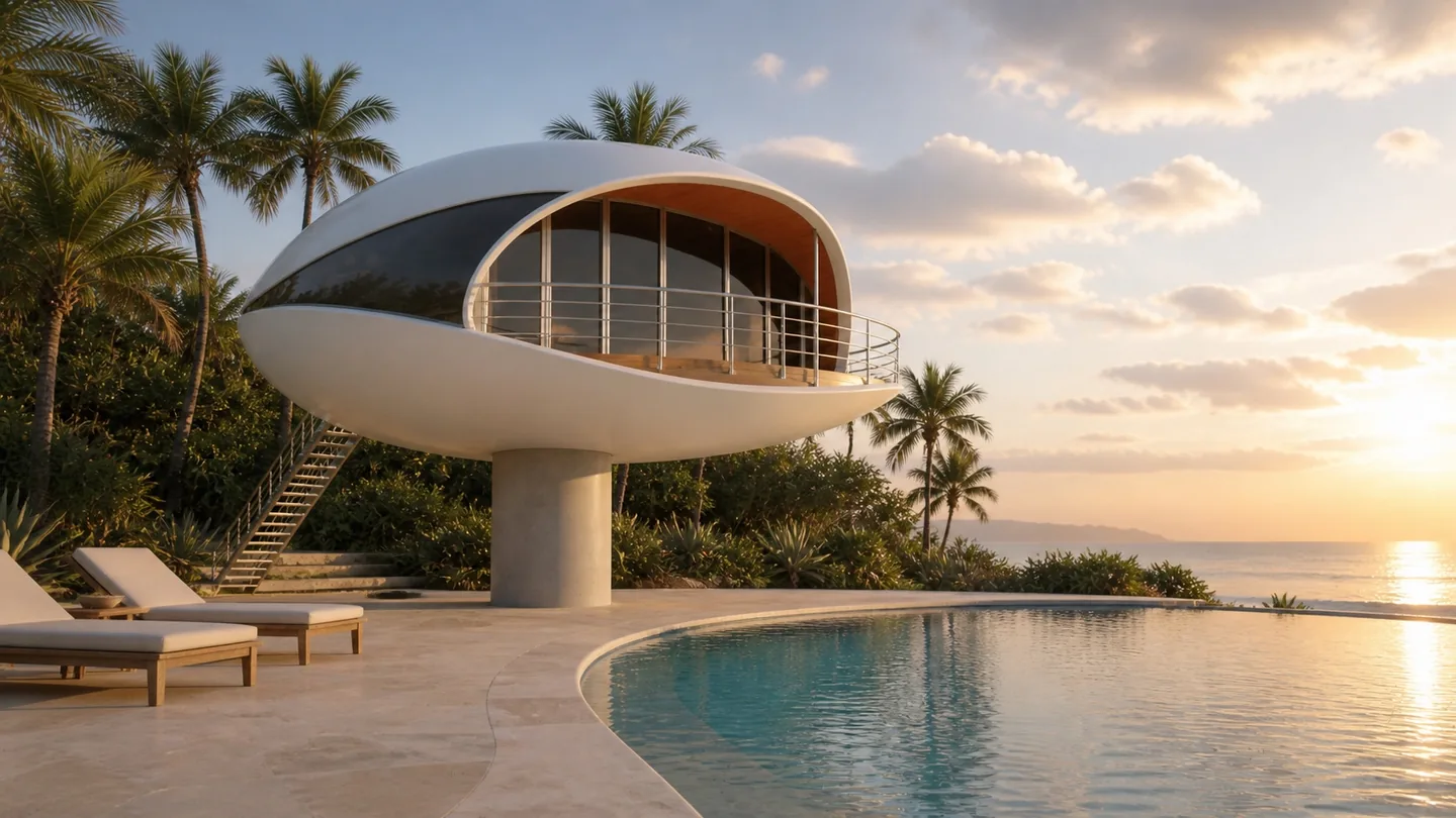 Concept render: an elevated SeaTop residence on a single central pillar beside a resort pool at sunset, with the ocean beyond