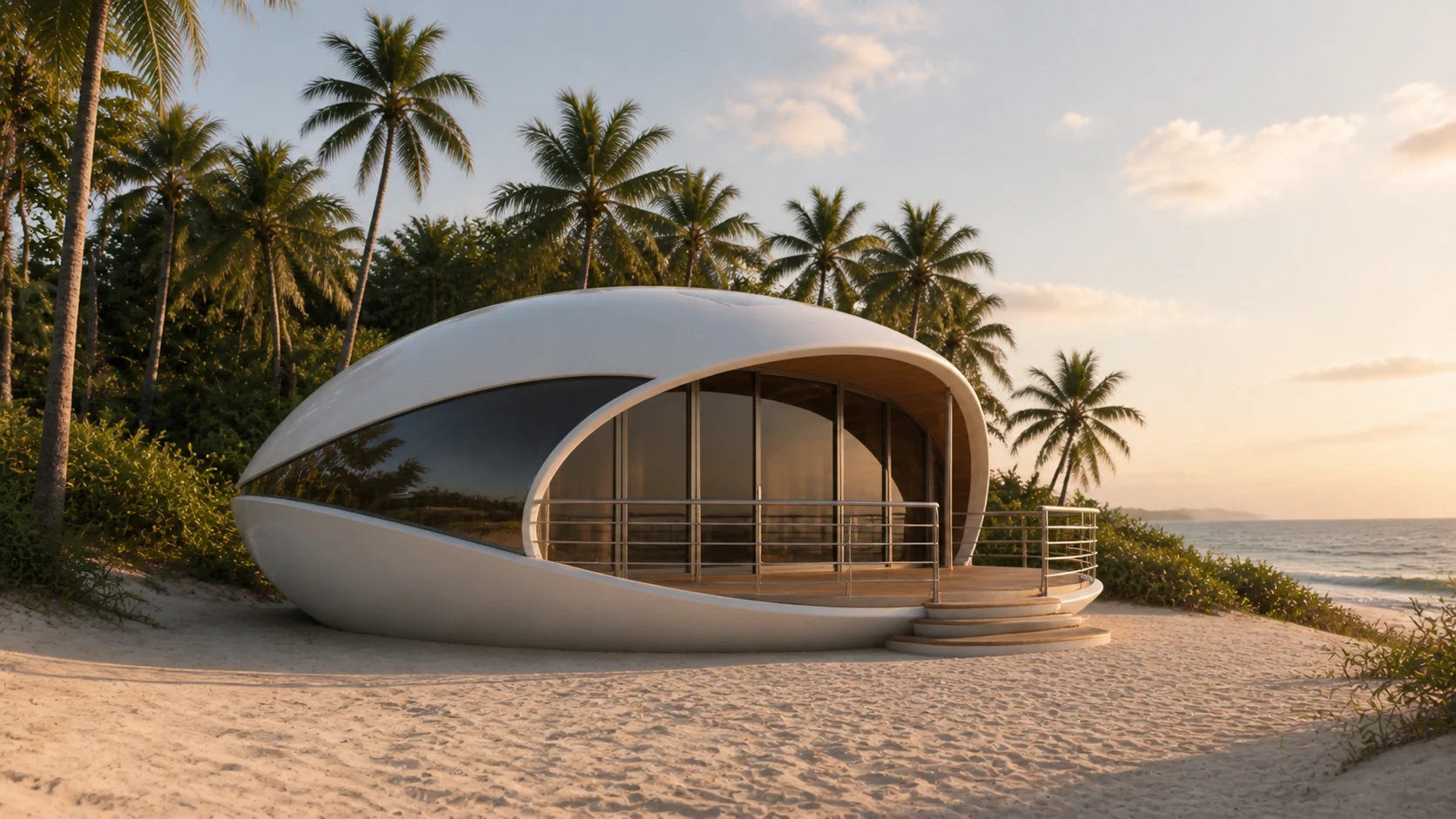 Concept render: the sculpted shell residence resting on a conventional foundation at the top of the beach