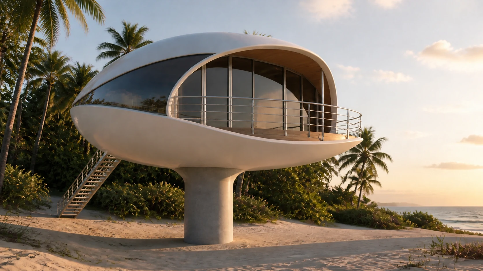 Concept render: the same shell residence raised on a single massive central pillar above the sand, with an access stair