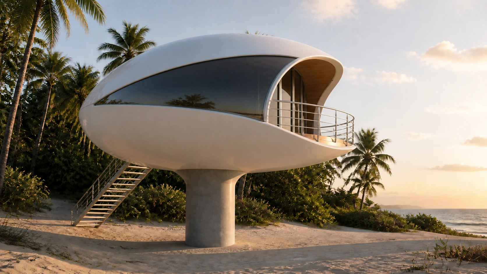 Concept render: the same shell residence on its pillar, turned so the open balcony end faces the water — the configuration designed to rotate