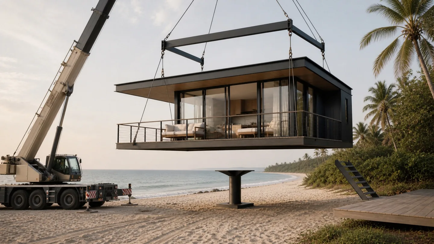 Concept render: a mobile crane lowering a complete SeaTop residence onto a single steel pillar on a beach