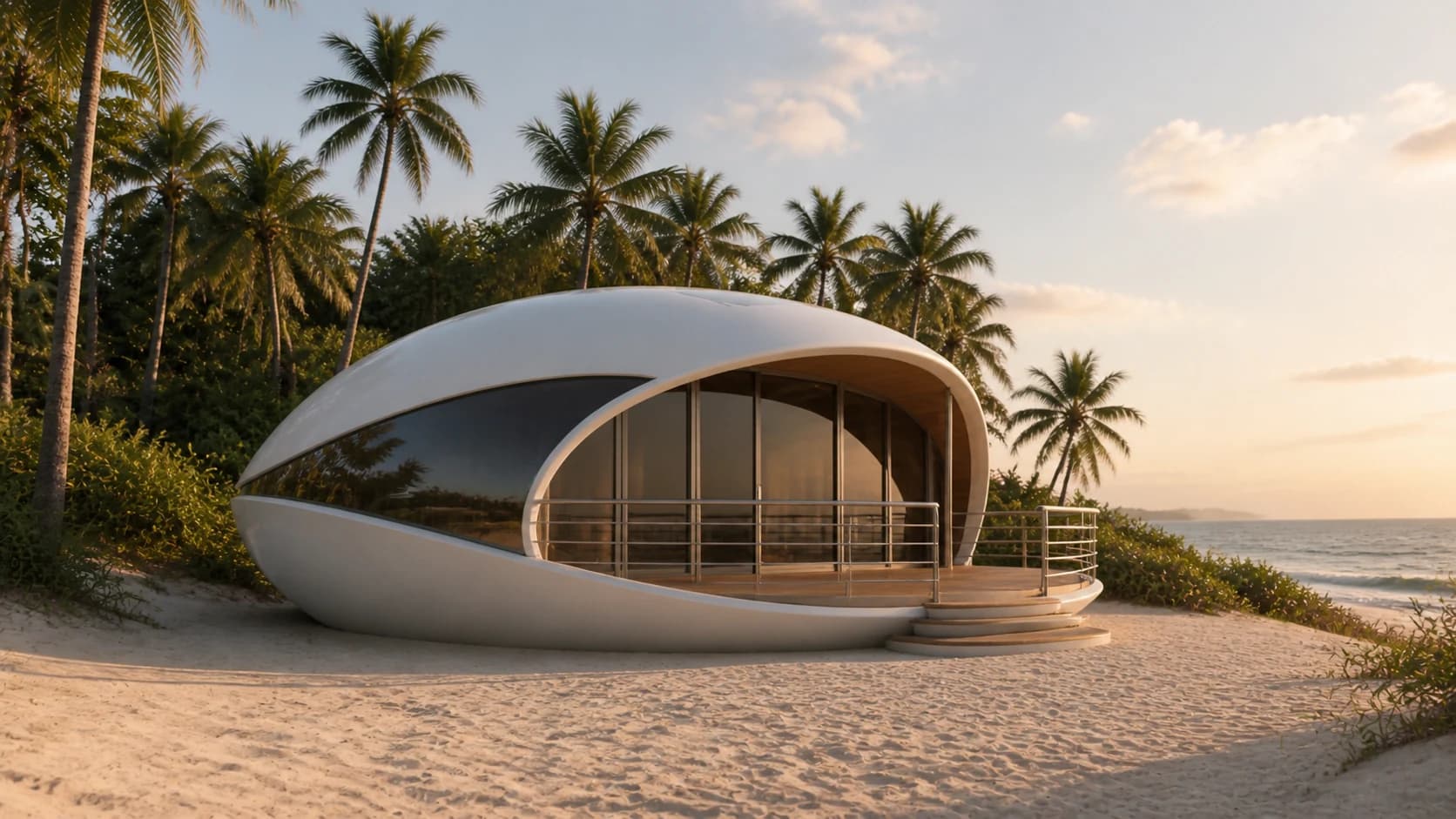 Concept render: the sculpted shell residence resting on a conventional foundation at the top of the beach
