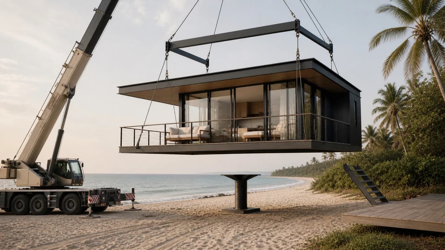 Concept render: a mobile crane lowering a complete SeaTop residence onto a single steel pillar on a beach