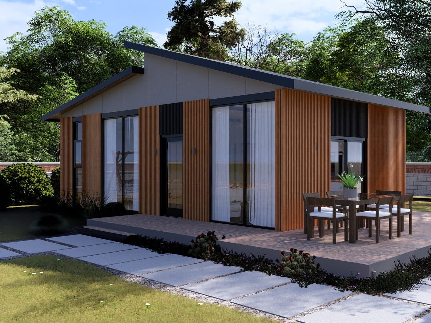A SeaTop foldable home with a warm wood exterior