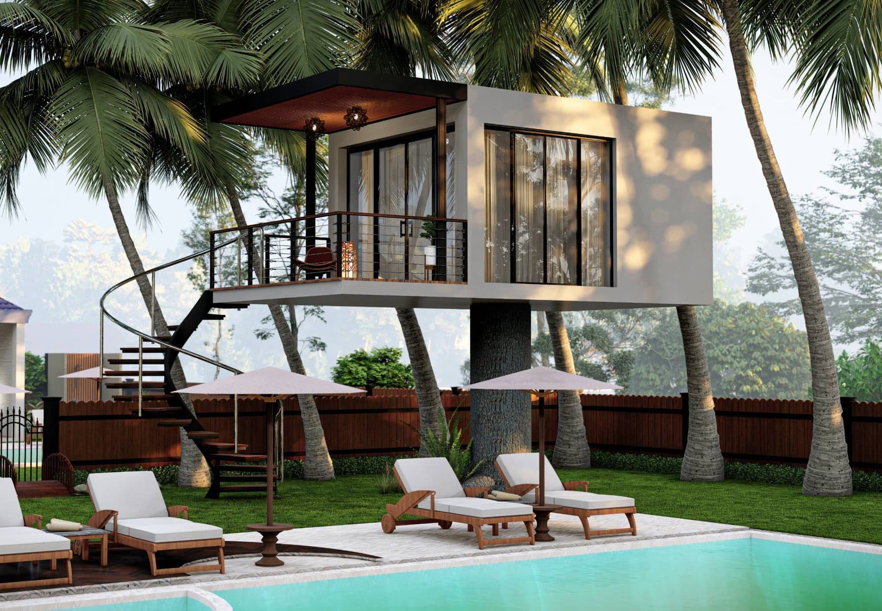 A SeaTop Pillar Home elevated above a pool, engineered to rise over flood and storm surge